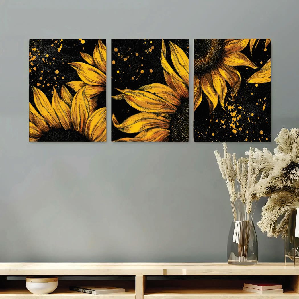 Nordic Golden Sunflower Continuous Triptych Wall Art Tiles (3-Piece Set)