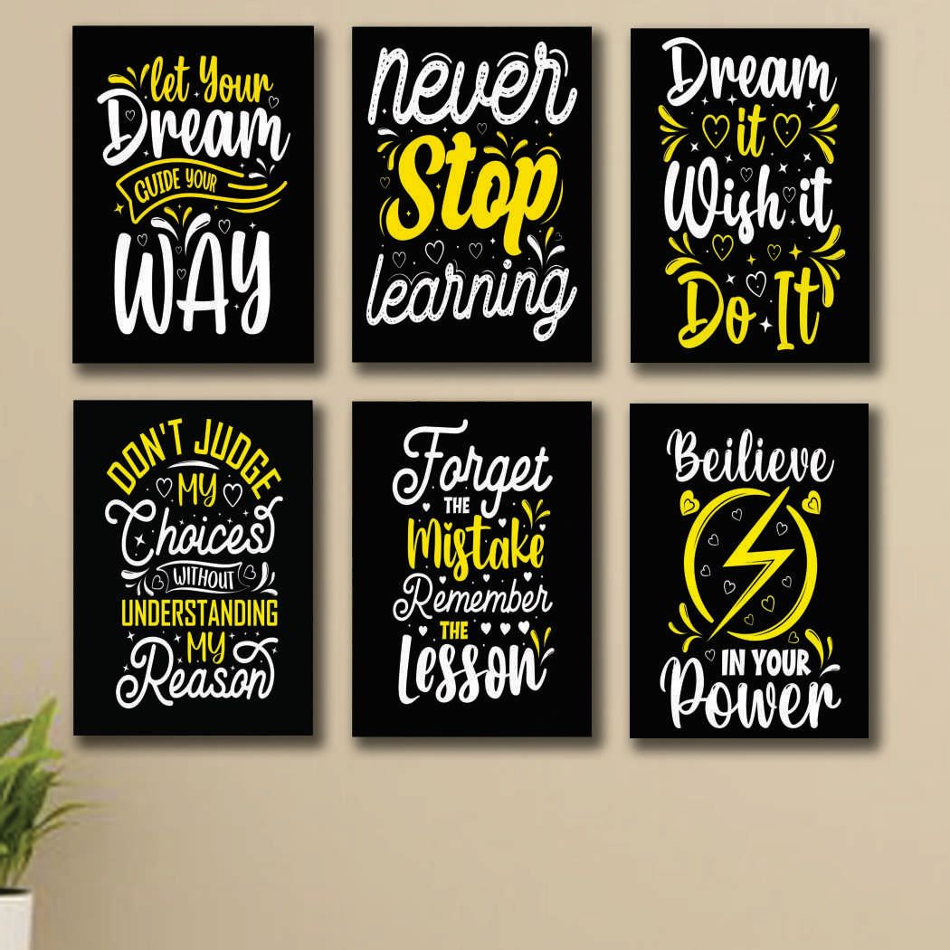 Inspiring Black & Yellow Handwritten Motivational Quotes Wall Art Photo Tiles – Set of 6