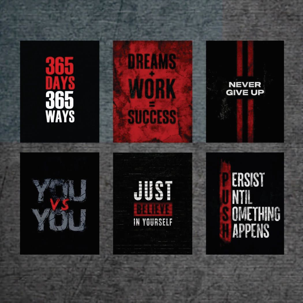 Bold Dark Motivational & Gym Quotes Wall Art Photo Tiles – Set of 6