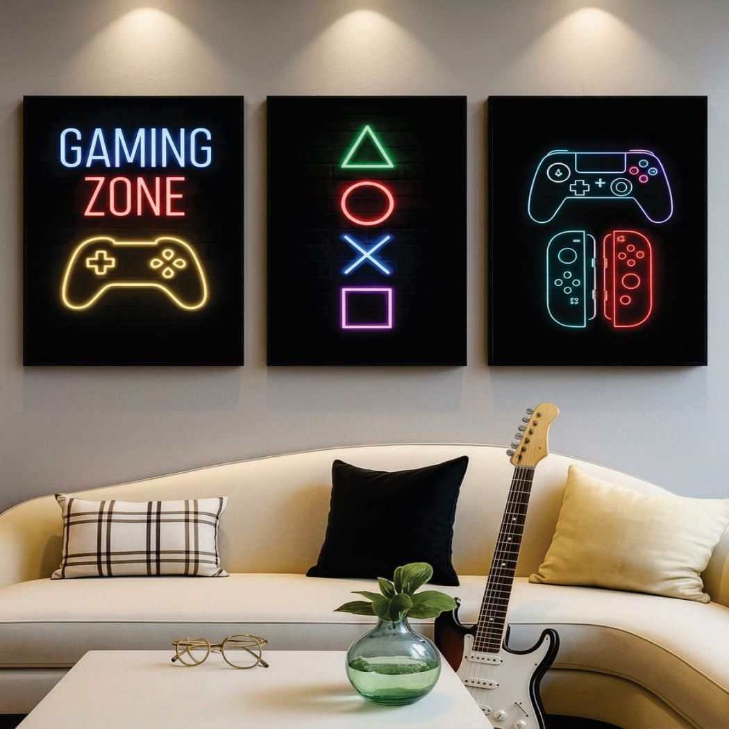 Neon Gaming Zone & Controller Aesthetic Wall Art Photo Tiles – Set of 3