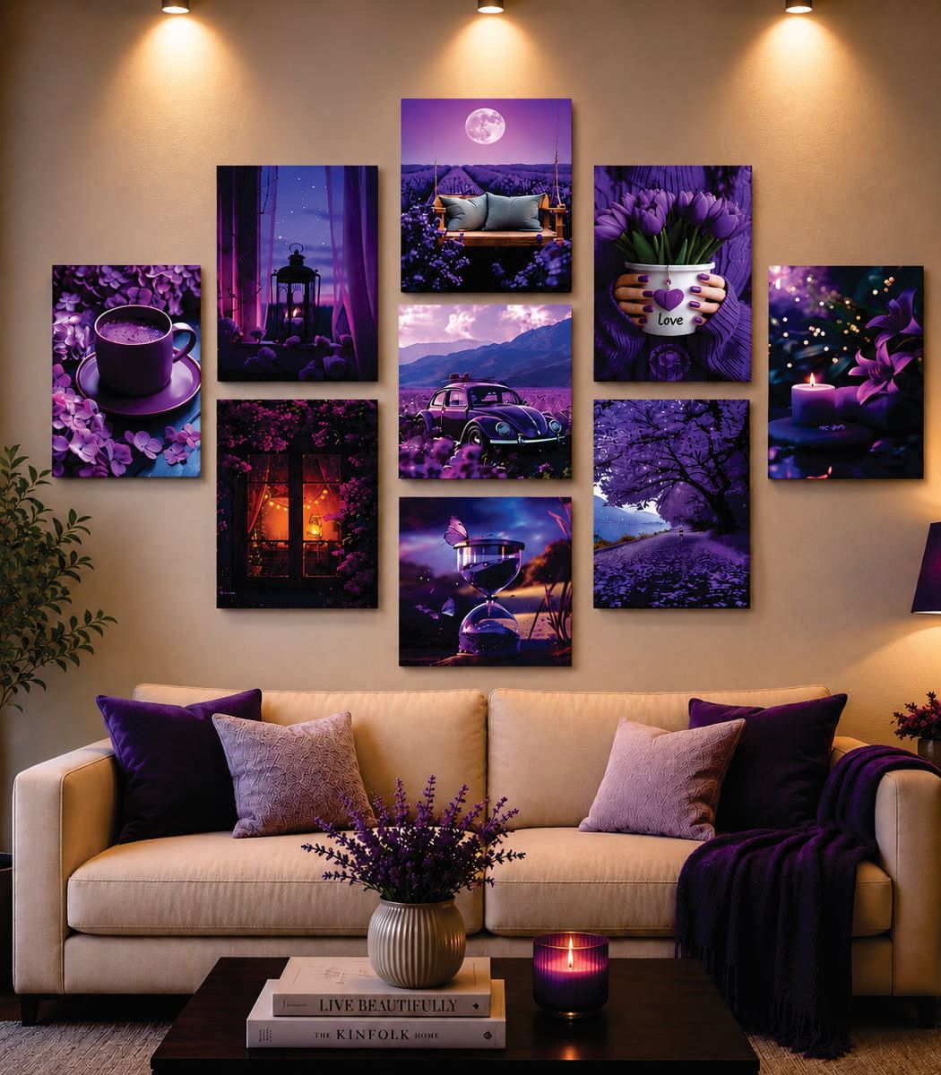 Enchanting Purple Aesthetic & Lavender Dream Wall Art Photo Tiles – Set of 9