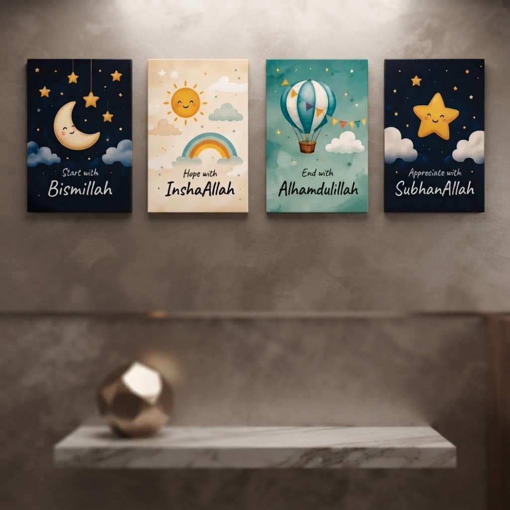 Islamic Kids Whimsical Dhikr & Affirmations Wall Art Photo Tiles – Set of 4