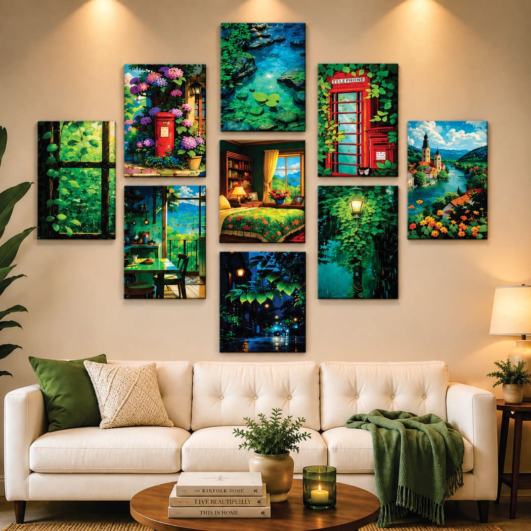 Lush Nature & English Countryside Aesthetic Wall Art Photo Tiles – Set of 9