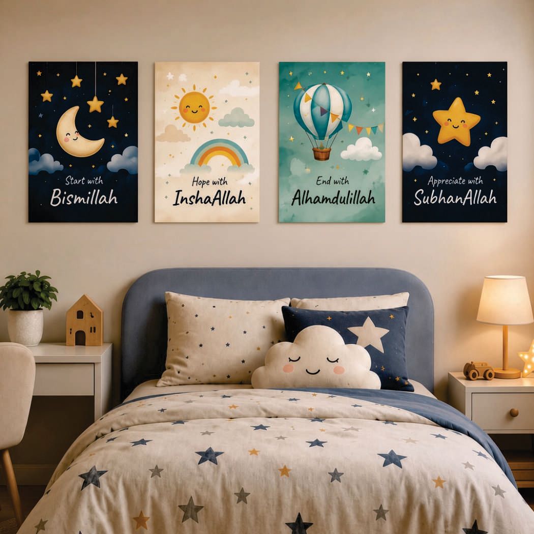 Islamic Kids Whimsical Dhikr & Affirmations Wall Art Photo Tiles – Set of 4
