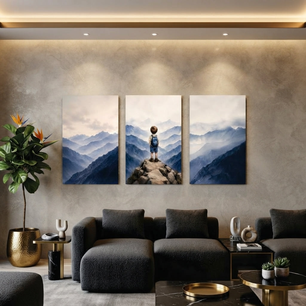 Solitary Boy & Misty Mountain Peak Wall Art Photo Tiles – Set of 3