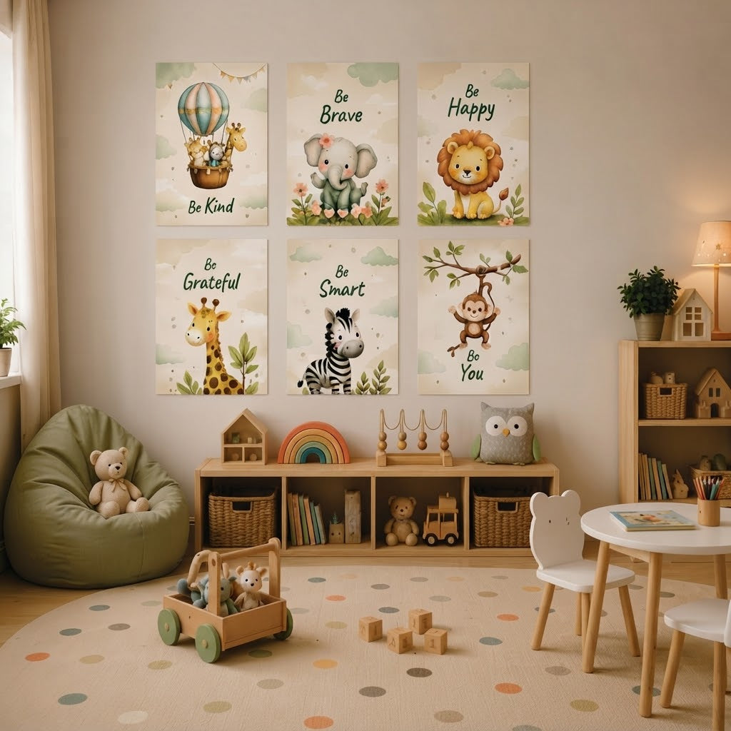 Cute Safari Animals & Affirmations Nursery Wall Art Photo Tiles – Set of 6