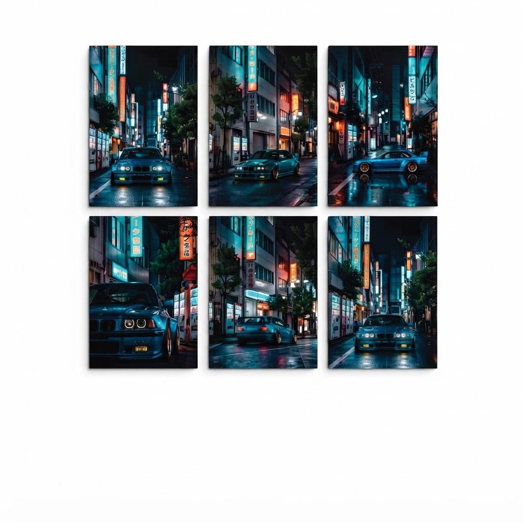 Cyberpunk Tokyo Street Sports Car Wall Art Photo Tiles – Set of 6