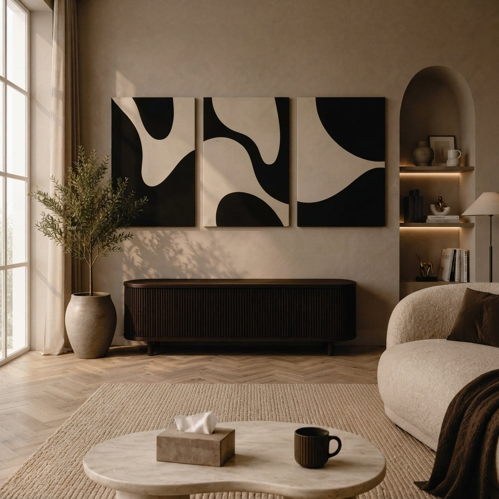 Modern Minimalist Black & White Organic Abstract Wall Art Photo Tiles – Set of 3