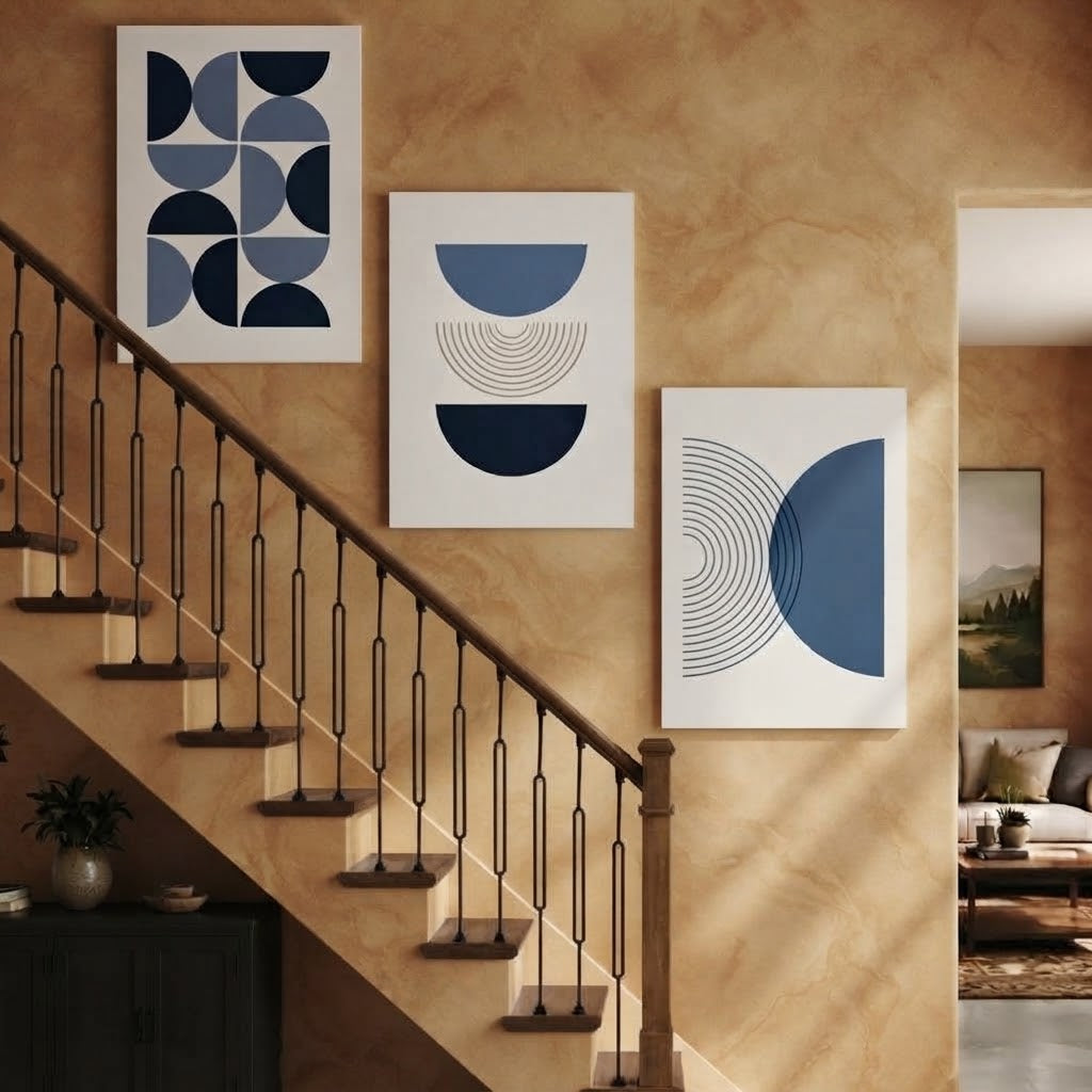 Modern Blue Geometric Abstract Wall Art Photo Tiles – Set of 3