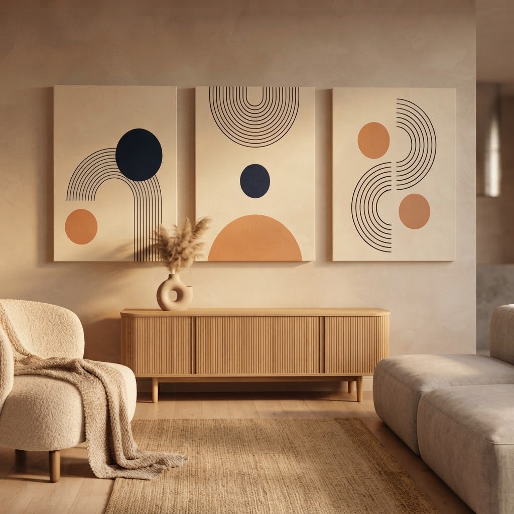 Modern Boho Geometric Line & Circle Abstract Wall Art Photo Tiles – Set of 3