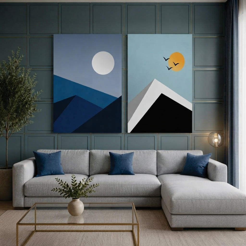 Modern Geometric Mountain & Celestial Landscape Wall Art Photo Tiles – Set of 2