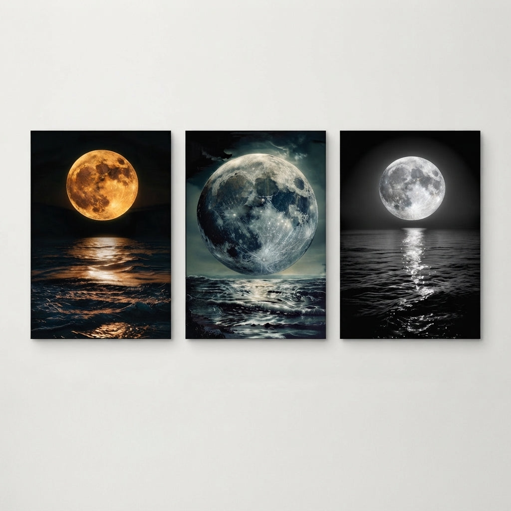 Full Moon & Ocean Reflection Wall Art Photo Tiles – Set of 3