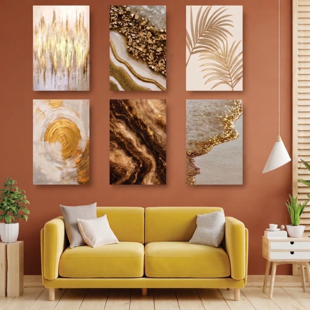 Luxury Abstract Gold & Geode Marble Wall Art Photo Tiles – Set of 6