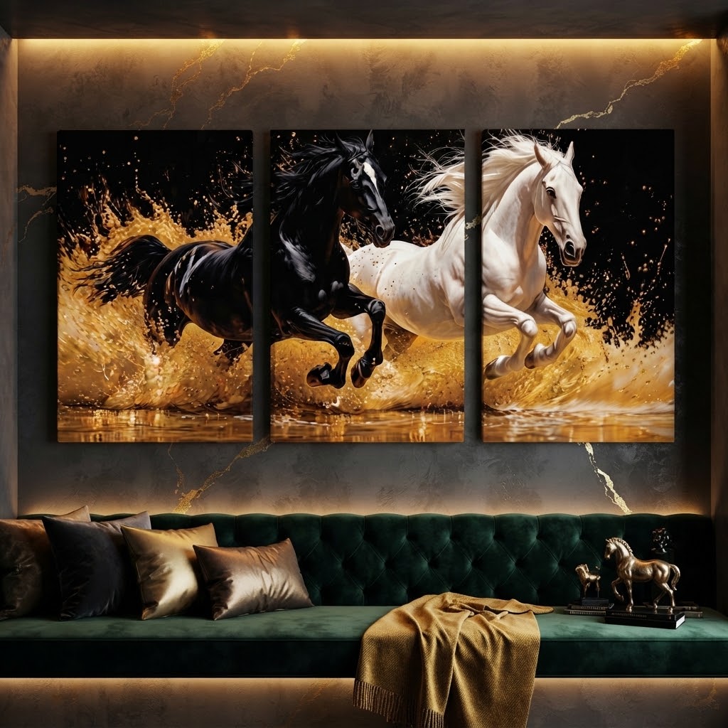 Dynamic Majestic Black & White Horses Wall Art Photo Tiles – Set of 3