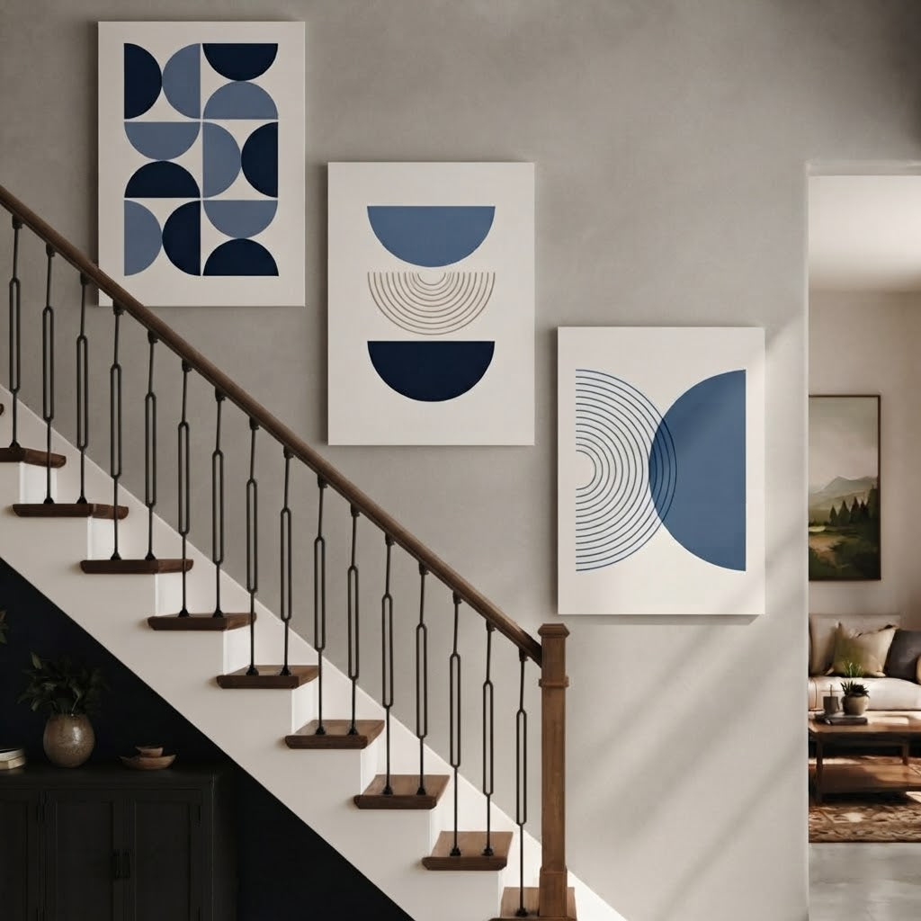 Modern Blue Geometric Abstract Wall Art Photo Tiles – Set of 3