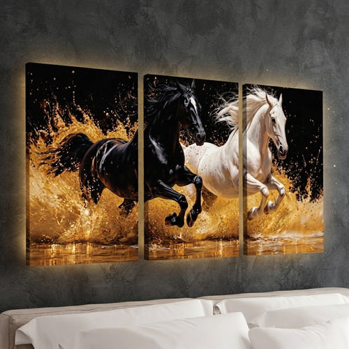 Dynamic Majestic Black & White Horses Wall Art Photo Tiles – Set of 3