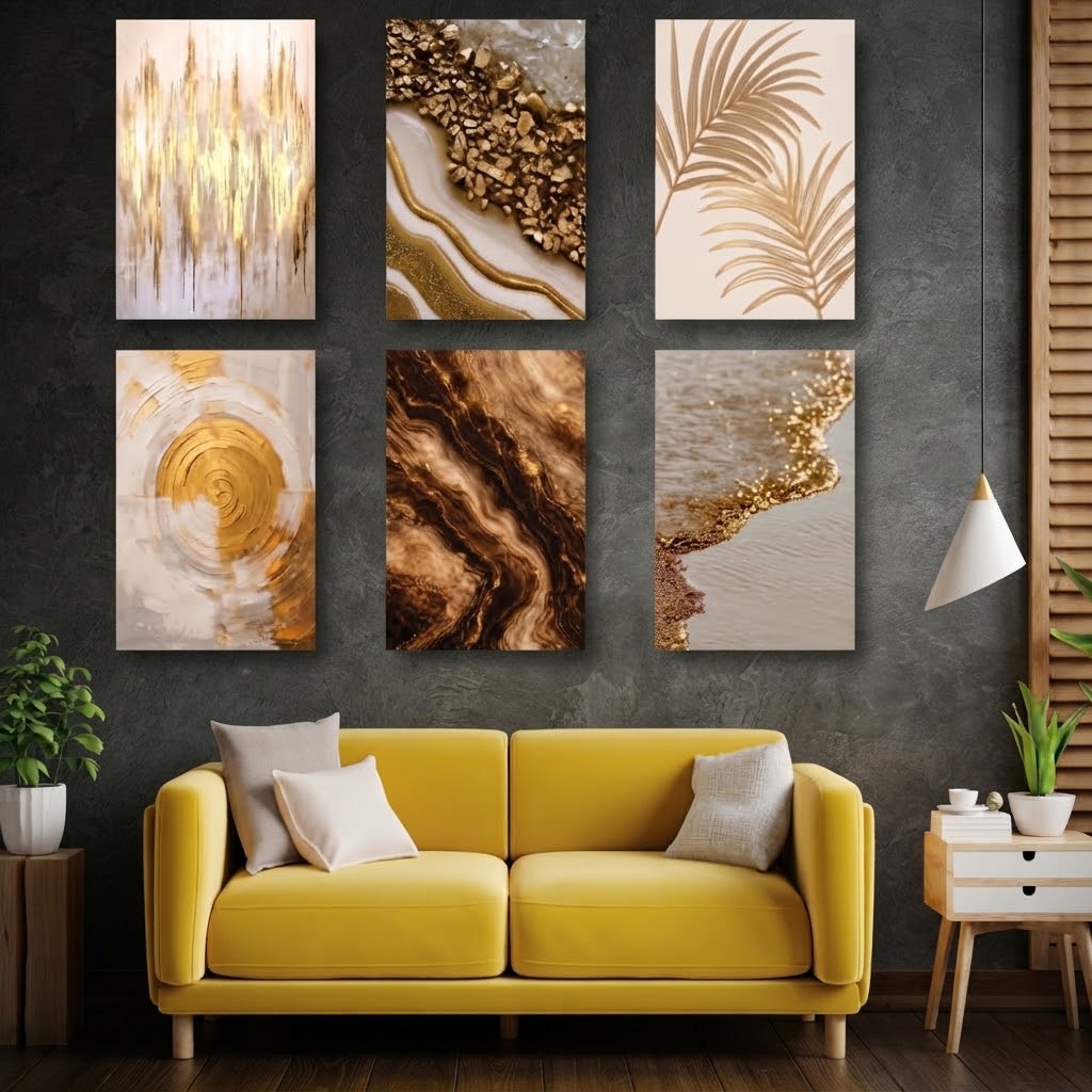 Luxury Abstract Gold & Geode Marble Wall Art Photo Tiles – Set of 6