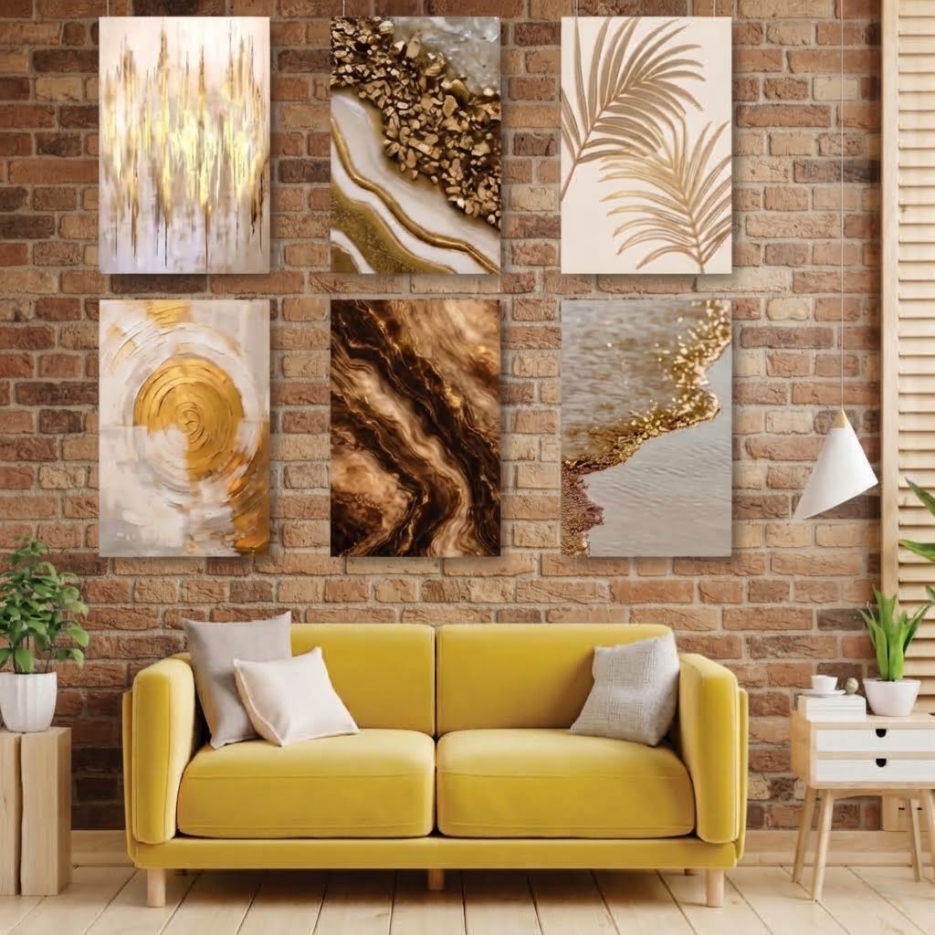 Luxury Abstract Gold & Geode Marble Wall Art Photo Tiles – Set of 6