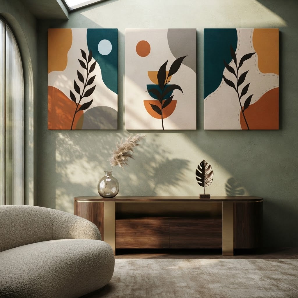 Modern Boho Abstract Botanical Wall Art Photo Tiles – Set of 3
