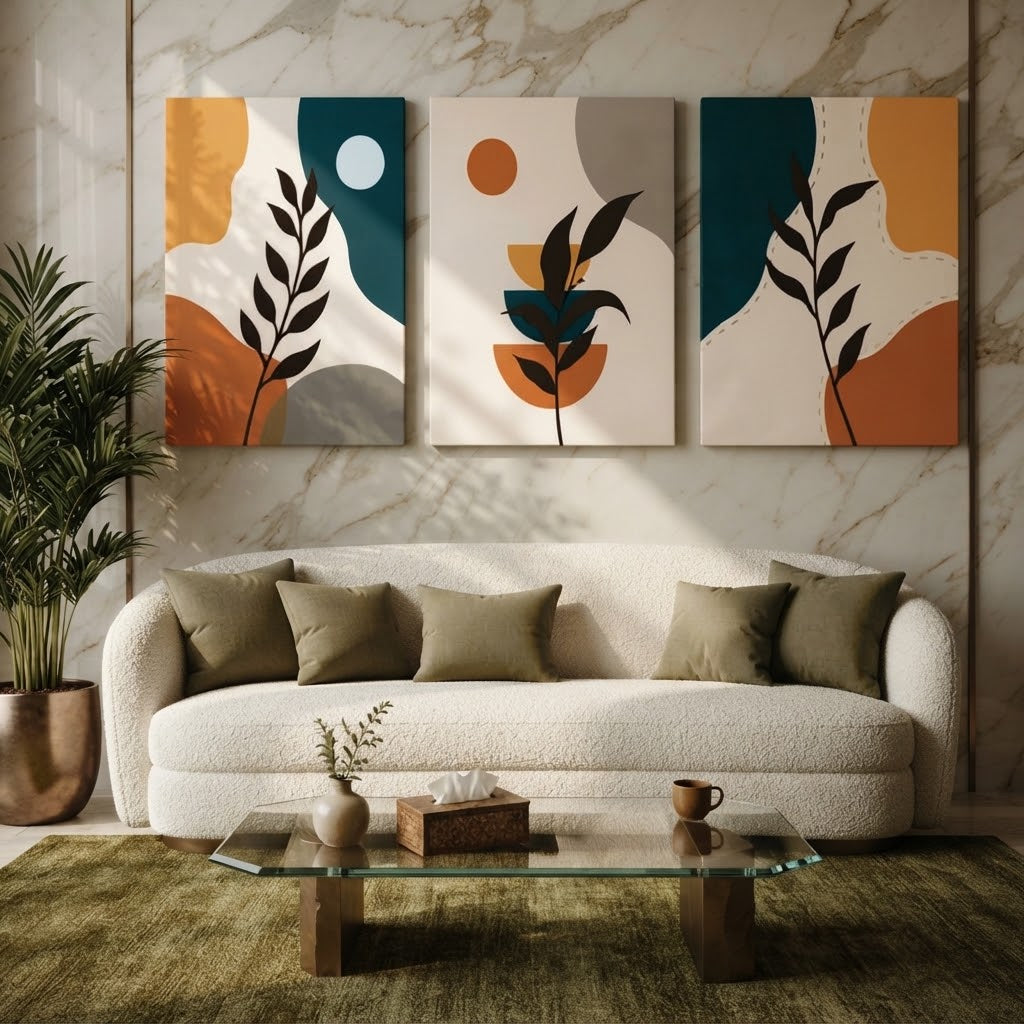 Modern Boho Abstract Botanical Wall Art Photo Tiles – Set of 3