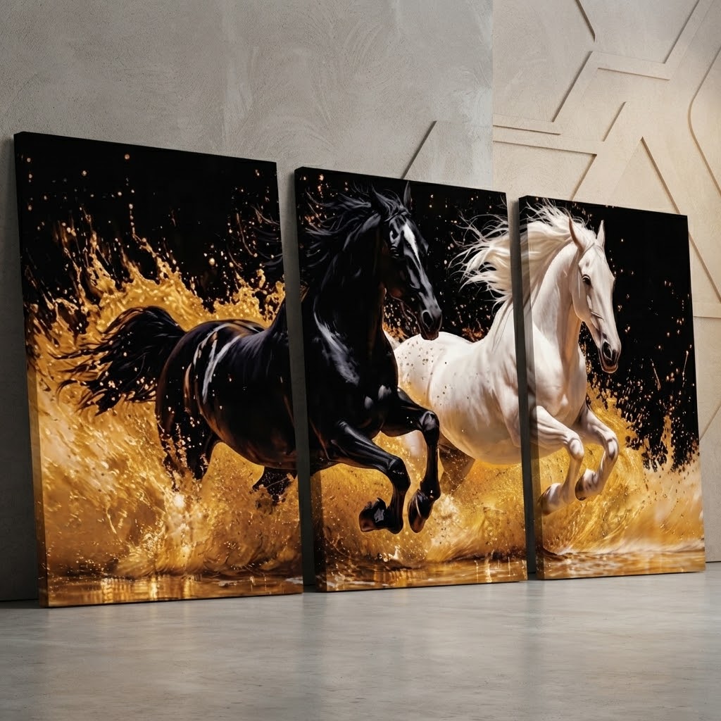 Dynamic Majestic Black & White Horses Wall Art Photo Tiles – Set of 3