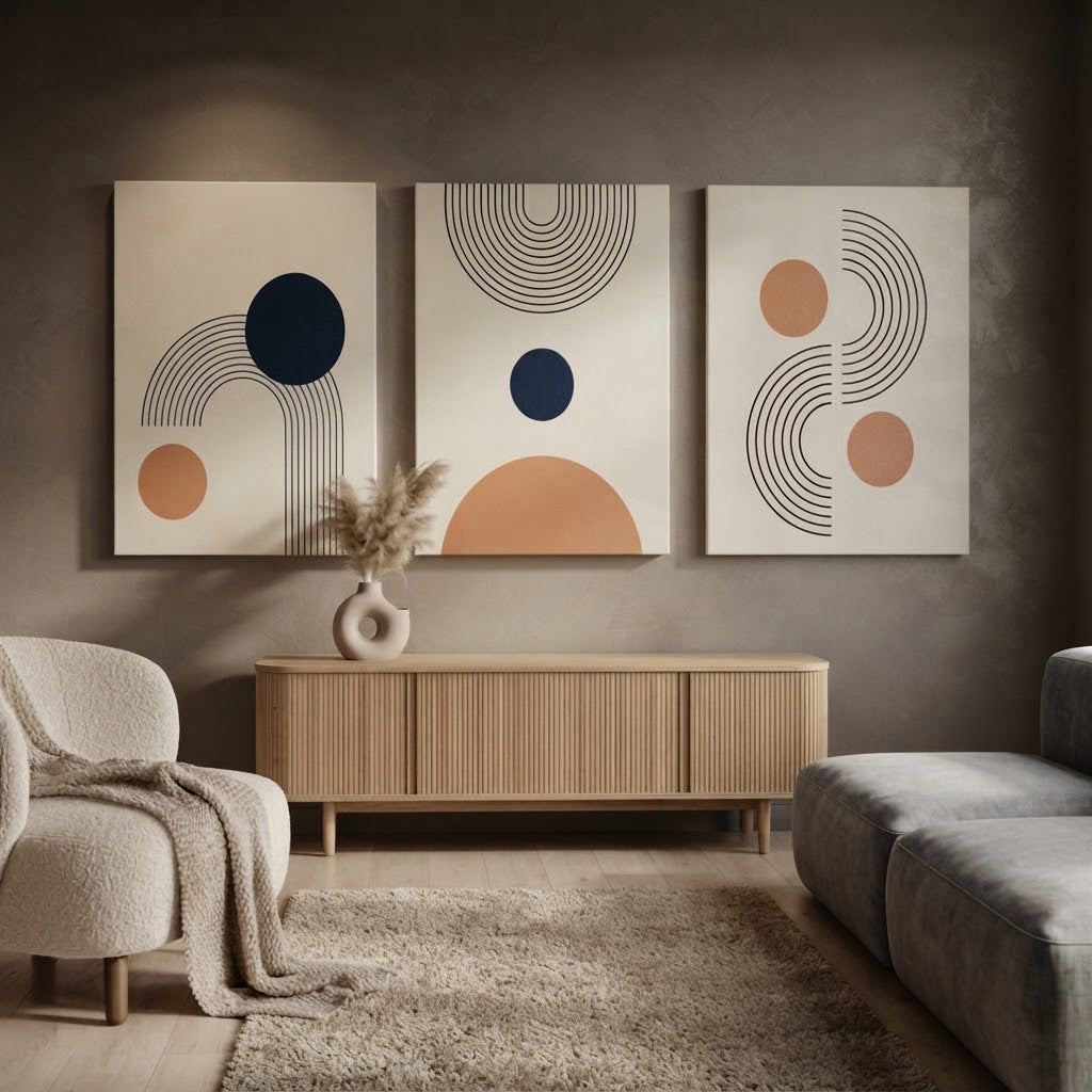 Modern Boho Geometric Line & Circle Abstract Wall Art Photo Tiles – Set of 3
