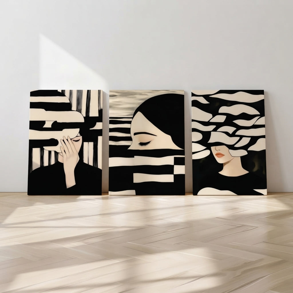 Modern Abstract Black & Beige Portrait Wall Art Photo Tiles – Set of 3
