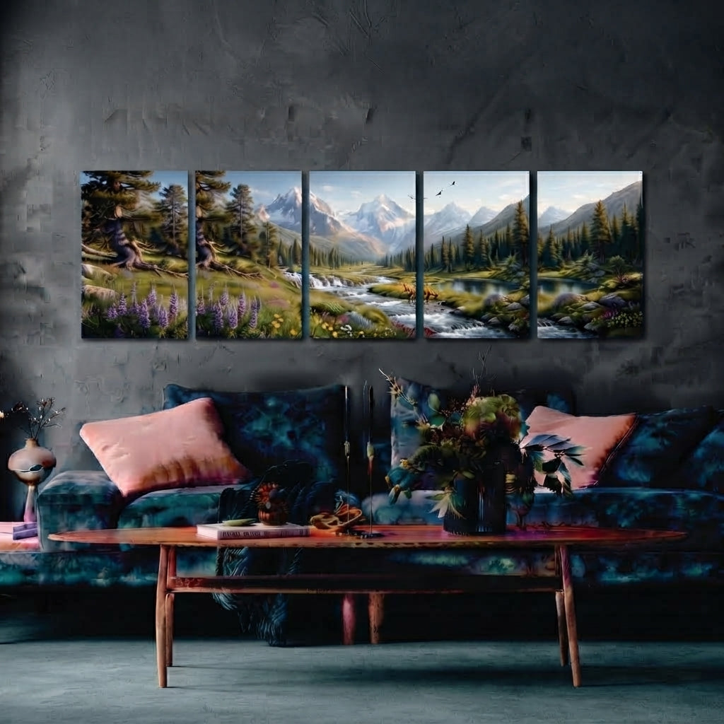 Serene Mountain River Valley Landscape Wall Art Photo Tiles – Set of 5