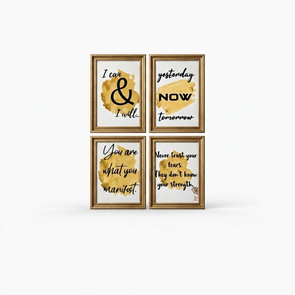 Modern Gold Brushstroke Motivational Quotes Wall Art Photo Tiles – Set of 4