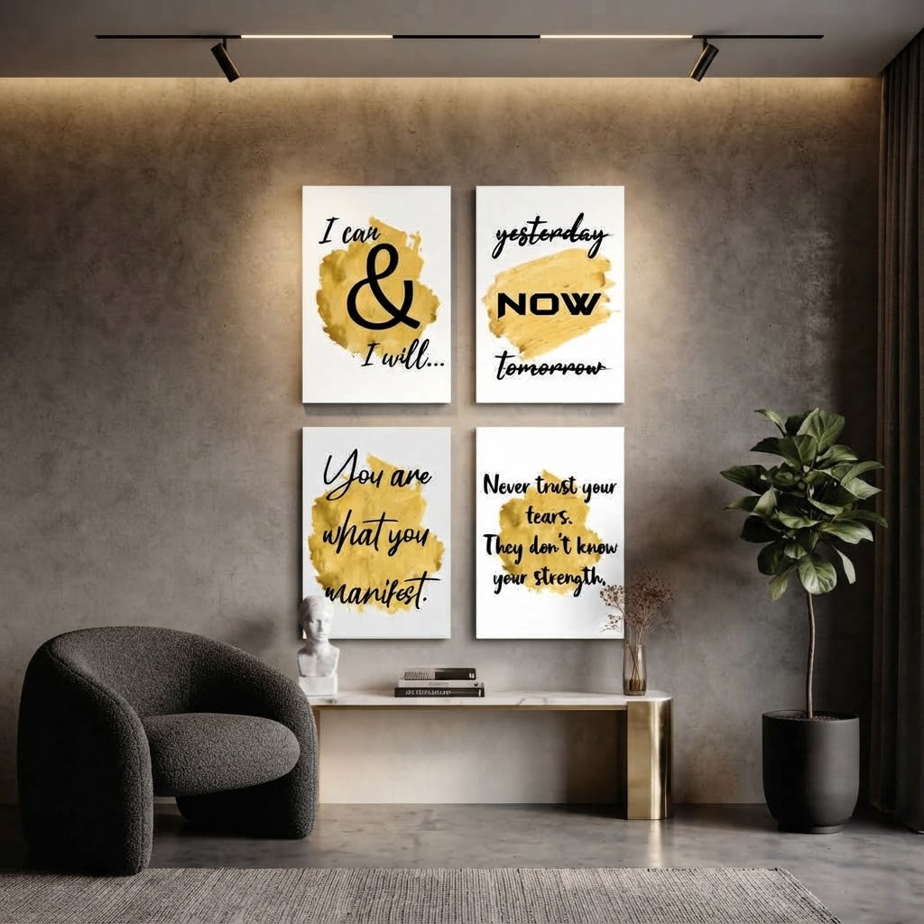 Modern Gold Brushstroke Motivational Quotes Wall Art Photo Tiles – Set of 4