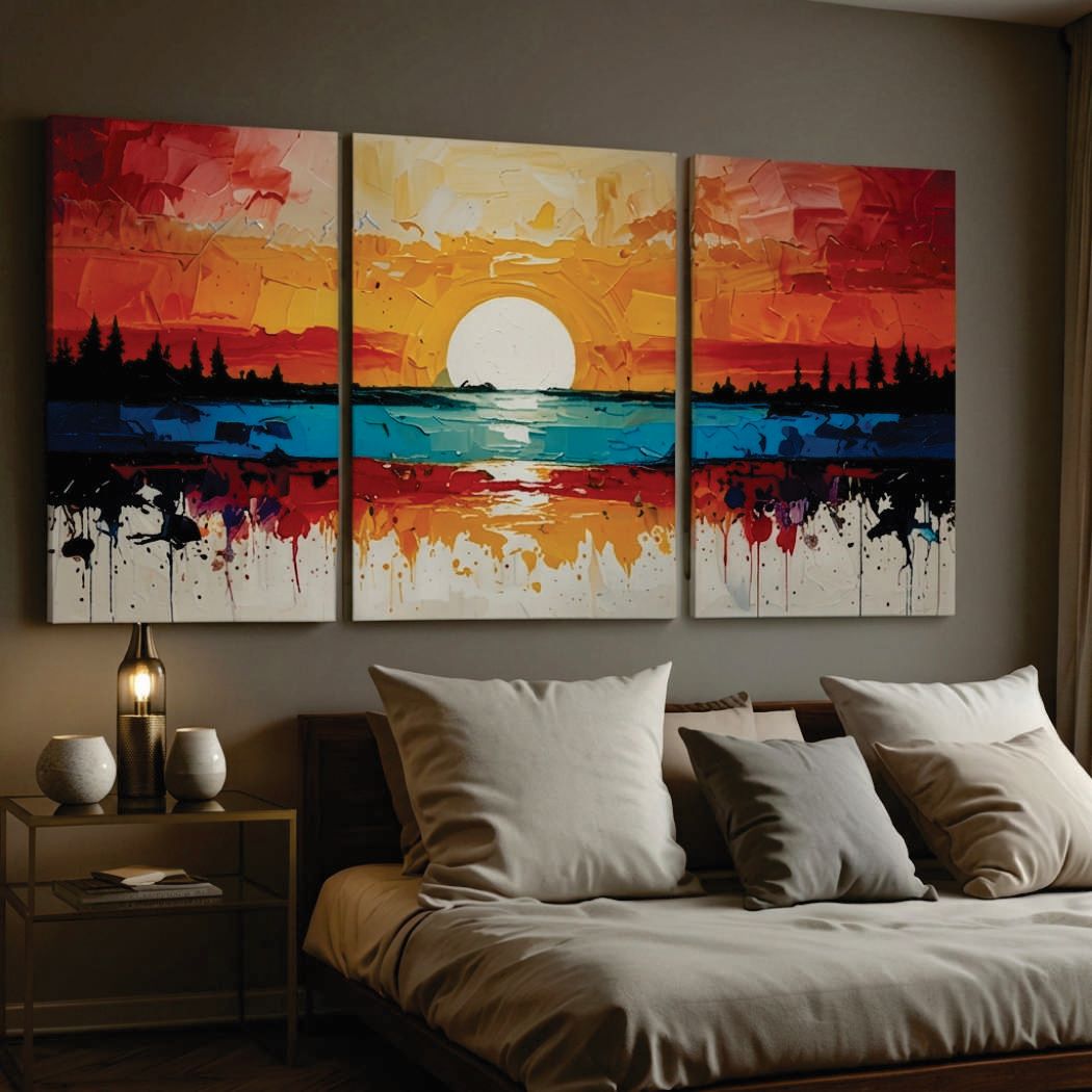 Vibrant Textured Impasto Sunset & Ocean Triptych Wall Art Photo Tiles – Set of 3